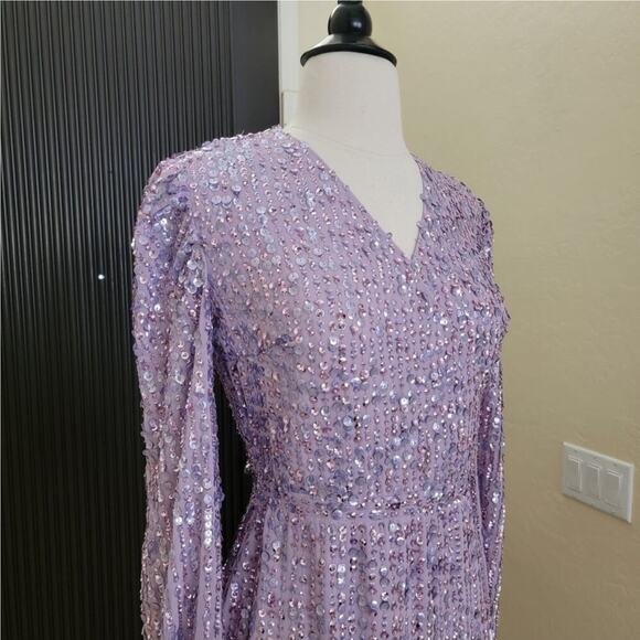 Mac Duggal 107641 Lavender Purple 4 Sequined Long Sleeve V Midi Dress Evening - Picture 4 of 12